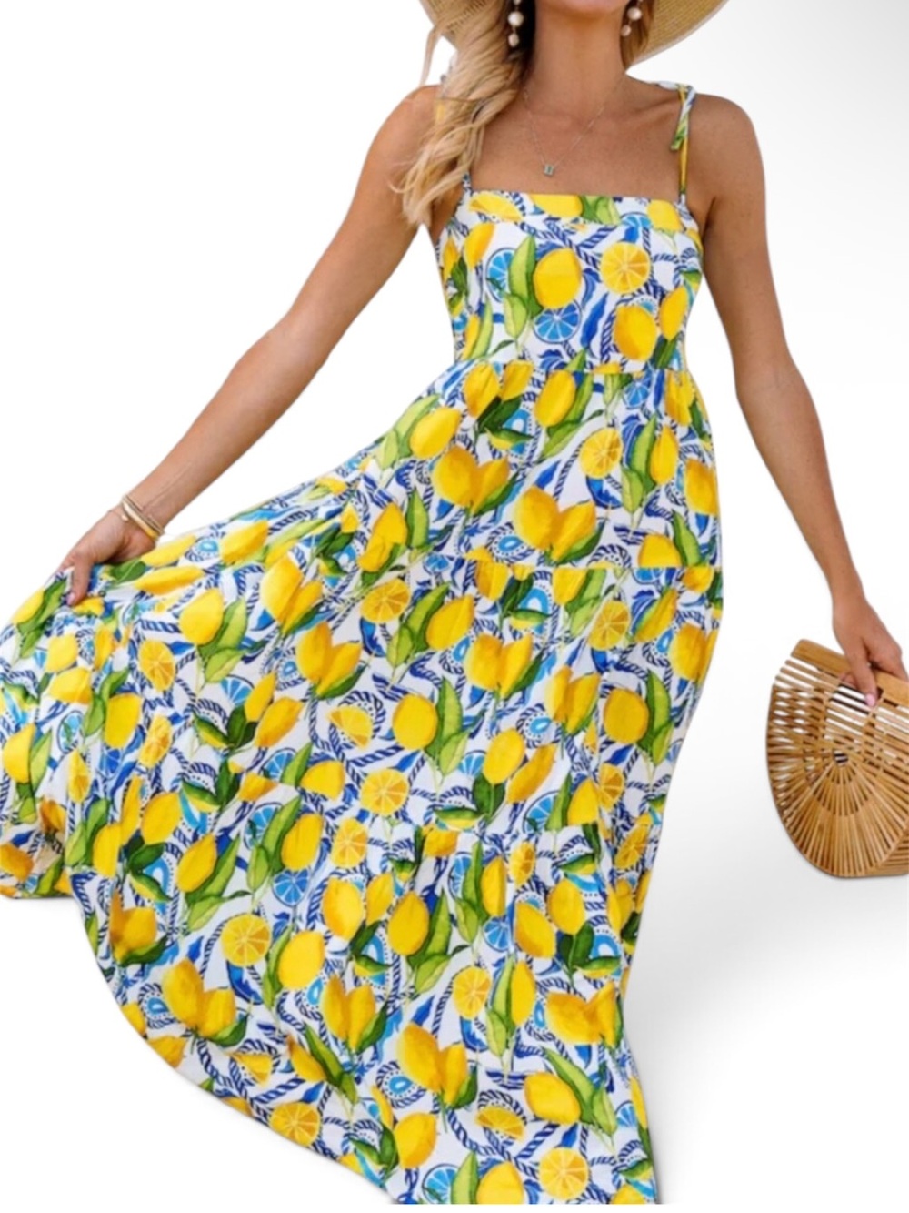 Kenny Flowers Positano Resort Maxi Dress Lemon Fruit Smocked Tie Strap Tiered M